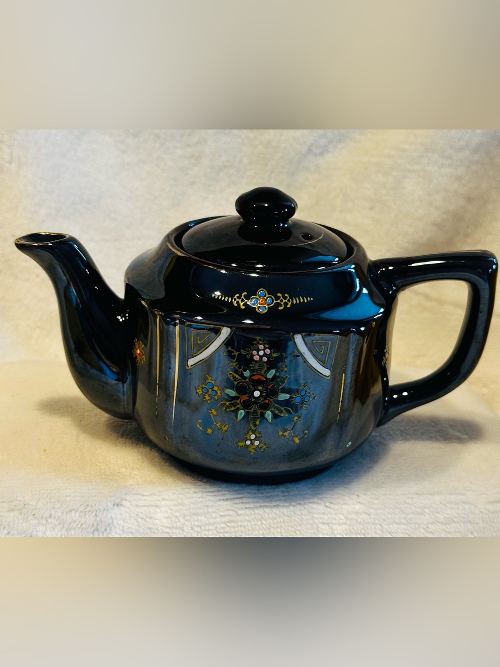 Vtg 1950's Redware Brown Betty Hand Painted Tea Pot 3.5" Tall Occupied Japan
